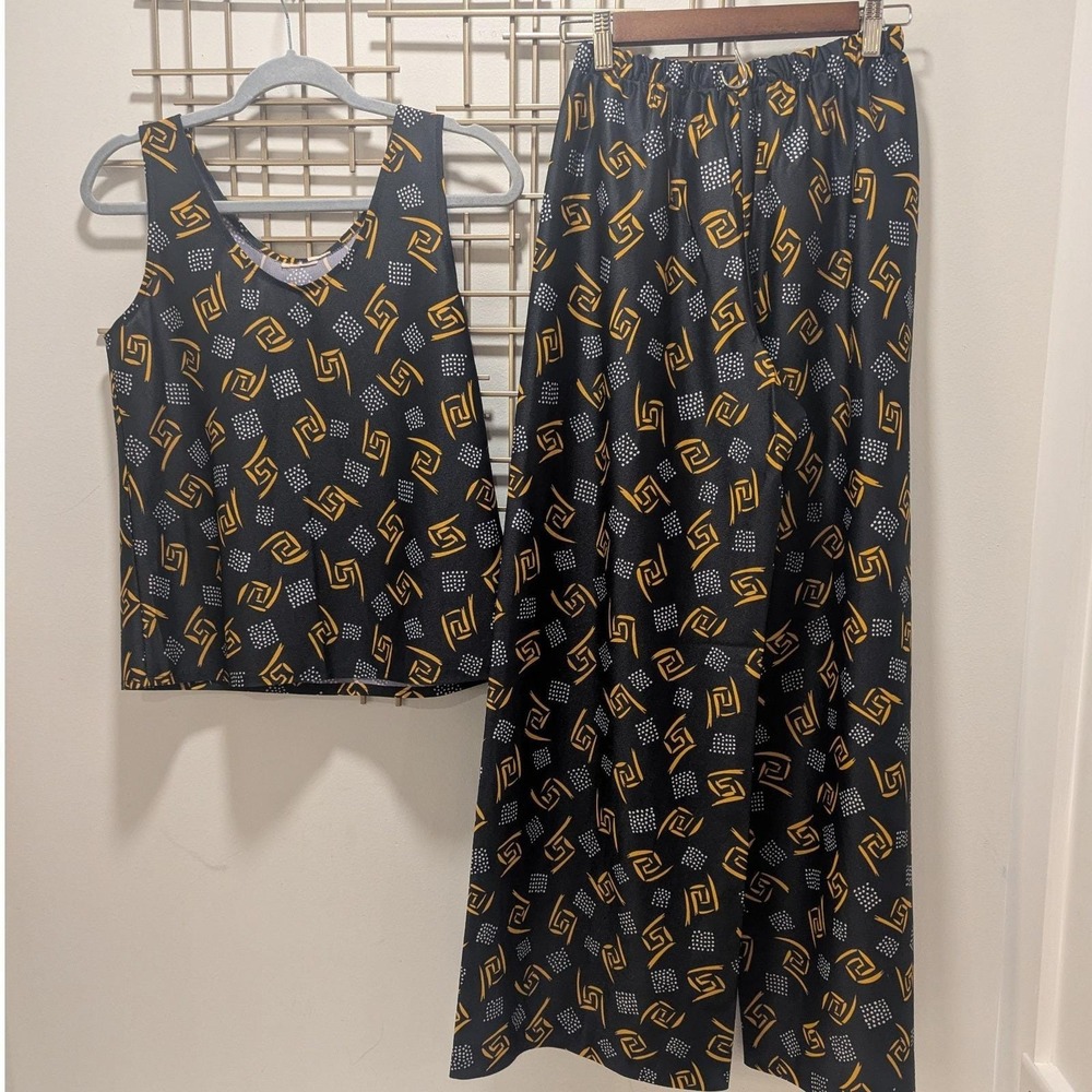 Vtg Matching Set Black Yellow Geometric Tank Wide Leg Pants Sz M Art‎ Deco Chic